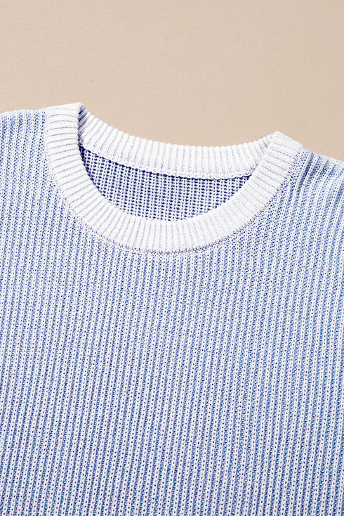 Stripe Contrast Trim Crew Neck Drop Shoulder Rib Knit Plus Size Sweater