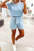 Stripe Contrast Trim Crew Neck Tee Knot Short Set