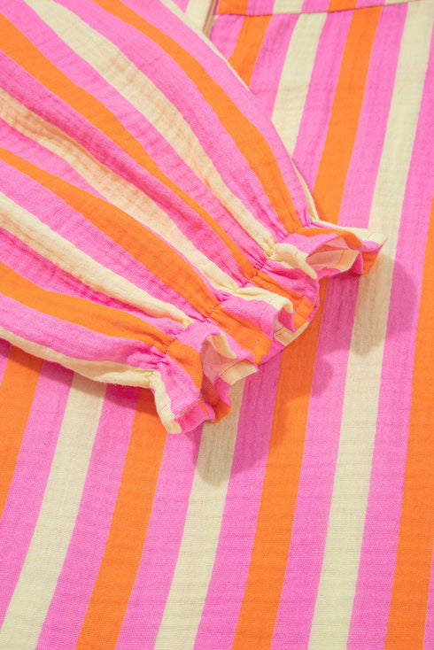 Stripe Crinkled Half Button V Neck Western Blouse