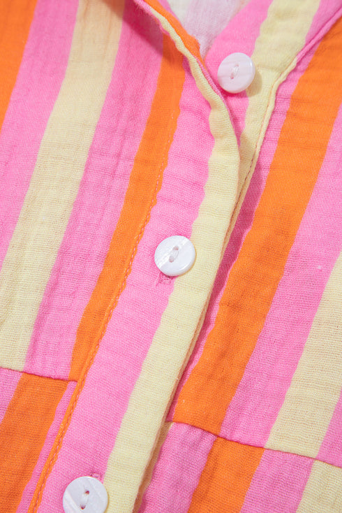 Stripe Crinkled Half Button V Neck Western Blouse
