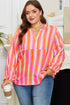 Stripe Crinkled Half Button V Neck Western Blouse