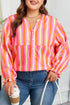Stripe Crinkled Half Button V Neck Western Blouse