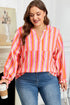 Stripe Crinkled Half Button V Neck Western Blouse