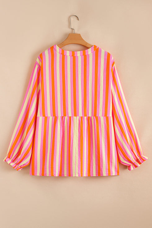 Stripe Crinkled Half Button V Neck Western Blouse