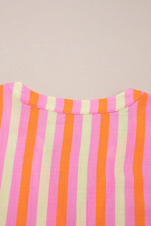 Stripe Crinkled Half Button V Neck Western Blouse