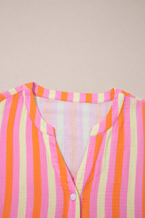 Stripe Crinkled Half Button V Neck Western Blouse