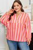 Stripe Crinkled Half Button V Neck Western Blouse
