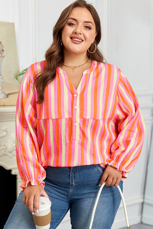 Stripe Crinkled Half Button V Neck Western Blouse