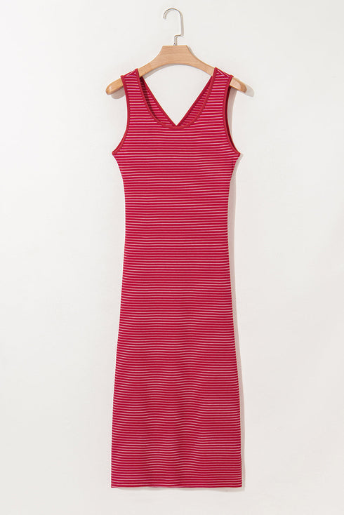 Stripe Criss Cross Side Slits Slim Fit Sleeveless Midi Dress