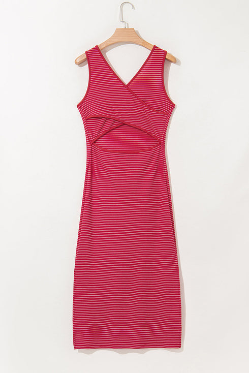 Stripe Criss Cross Side Slits Slim Fit Sleeveless Midi Dress