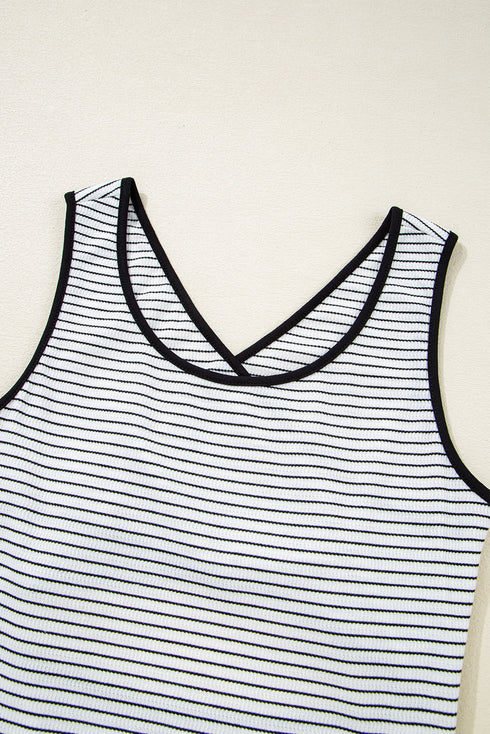 Stripe Criss Cross Side Slits Slim Fit Sleeveless Midi Dress