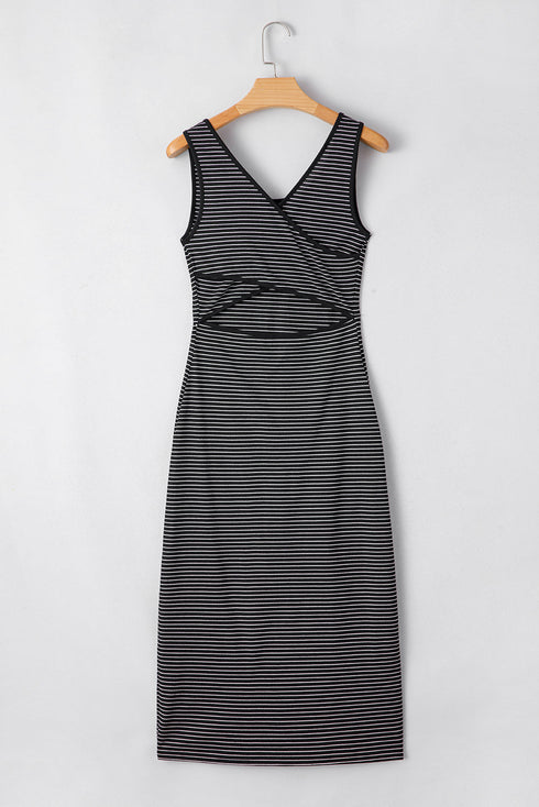 Stripe Criss Cross Side Slits Slim Fit Sleeveless Midi Dress