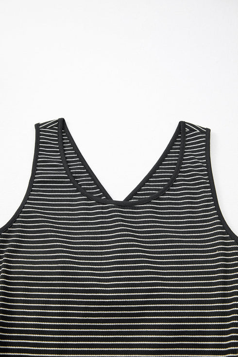 Stripe Criss Cross Side Slits Slim Fit Sleeveless Midi Dress