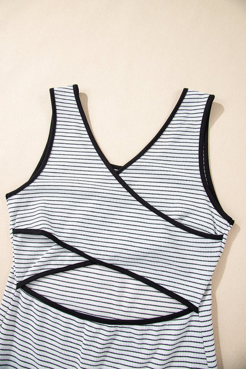 Stripe Criss Cross Side Slits Slim Fit Sleeveless Midi Dress