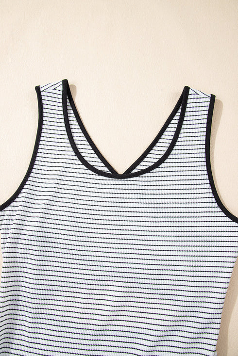 Stripe Criss Cross Side Slits Slim Fit Sleeveless Midi Dress