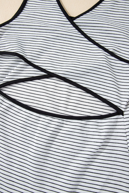 Stripe Criss Cross Side Slits Slim Fit Sleeveless Midi Dress