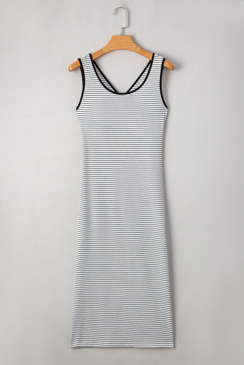 Stripe Criss Cross Side Slits Slim Fit Sleeveless Midi Dress
