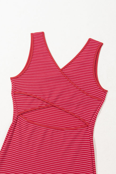 Stripe Criss Cross Side Slits Slim Fit Sleeveless Midi Dress