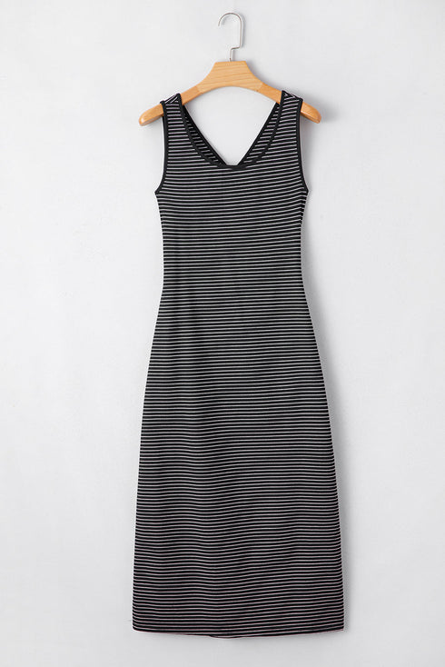 Stripe Criss Cross Side Slits Slim Fit Sleeveless Midi Dress