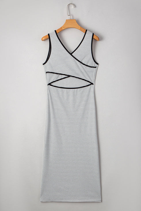 Stripe Criss Cross Side Slits Slim Fit Sleeveless Midi Dress