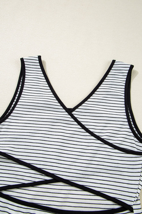 Stripe Criss Cross Side Slits Slim Fit Sleeveless Midi Dress