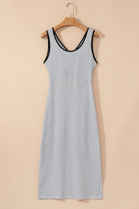 Stripe Criss Cross Side Slits Slim Fit Sleeveless Midi Dress