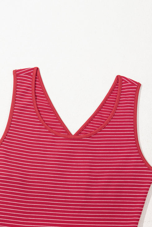 Stripe Criss Cross Side Slits Slim Fit Sleeveless Midi Dress