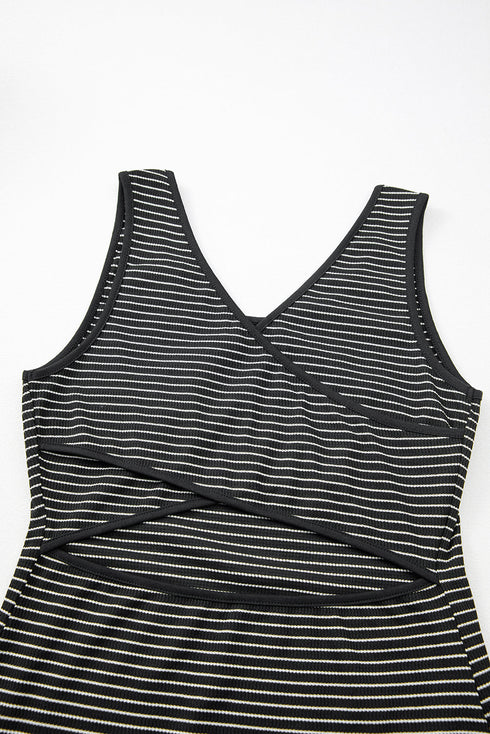 Stripe Criss Cross Side Slits Slim Fit Sleeveless Midi Dress