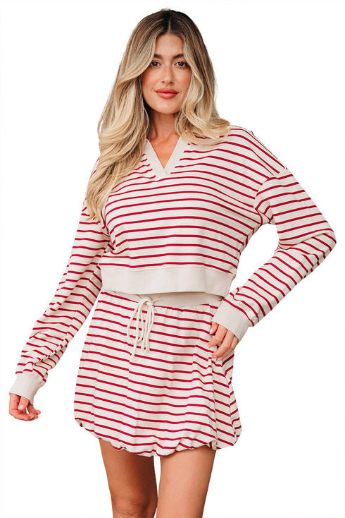 Stripe Cropped Collared Pullover Bubble Skirt Two Piece Dress