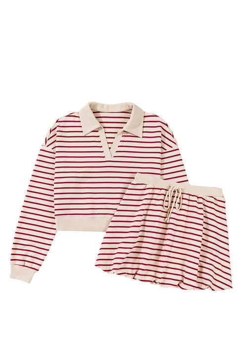 Stripe Cropped Collared Pullover Bubble Skirt Two Piece Dress