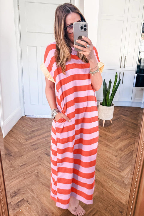 Stripe Cuffed Short Sleeve Pocketed Casual T Shirt Long T Shirt Dress