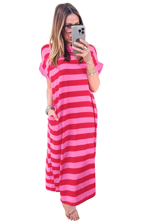 Stripe Cuffed Short Sleeve Pocketed Casual T Shirt Long T Shirt Dress
