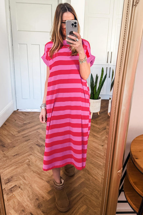Stripe Cuffed Short Sleeve Pocketed Casual T Shirt Long T Shirt Dress