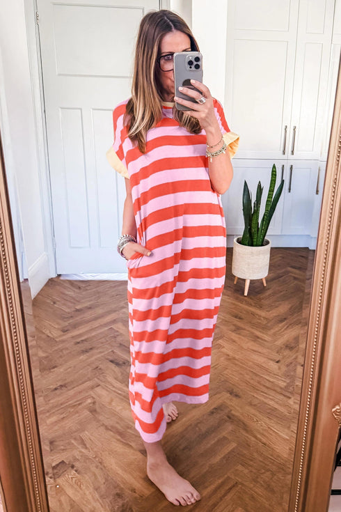 Stripe Cuffed Short Sleeve Pocketed Casual T Shirt Long T Shirt Dress