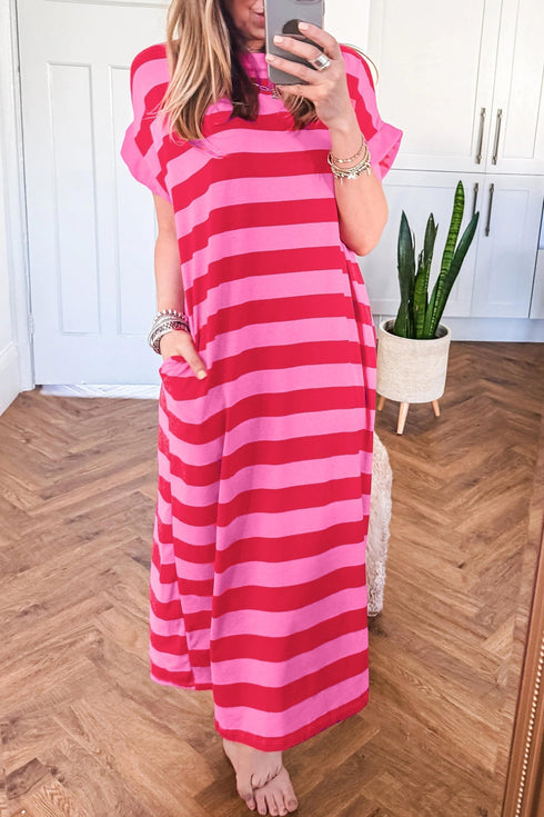 Stripe Cuffed Short Sleeve Pocketed Casual T Shirt Long T Shirt Dress