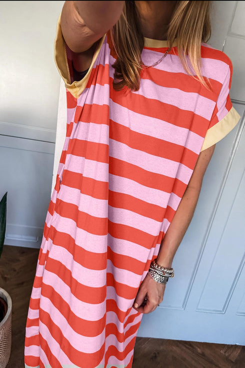 Stripe Cuffed Short Sleeve Pocketed Casual T Shirt Long T Shirt Dress