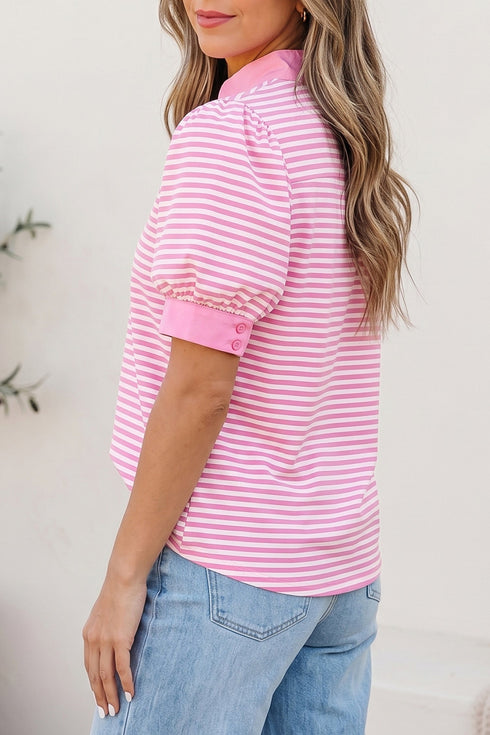 Stripe Detail Split Neck Short Sleeve Blouse