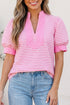 Stripe Detail Split Neck Short Sleeve Blouse