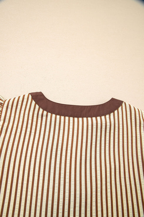 Stripe Double Ruffled Sleeve Contrast Trim A-Line Midi Dress