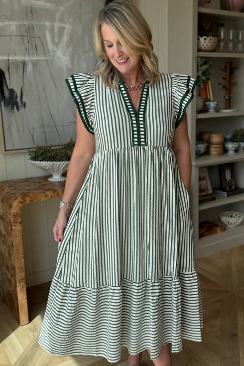 Stripe Double Ruffled Sleeve Contrast Trim A-Line Midi Dress