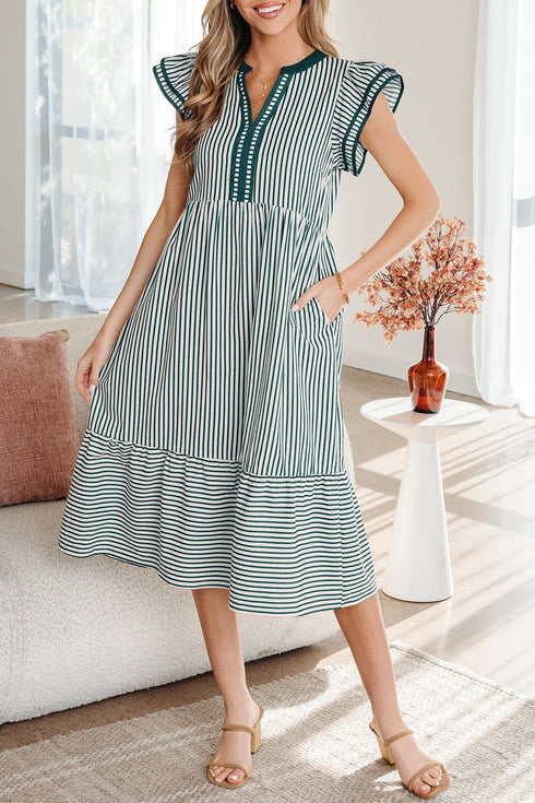 Stripe Double Ruffled Sleeve Contrast Trim A-Line Midi Dress