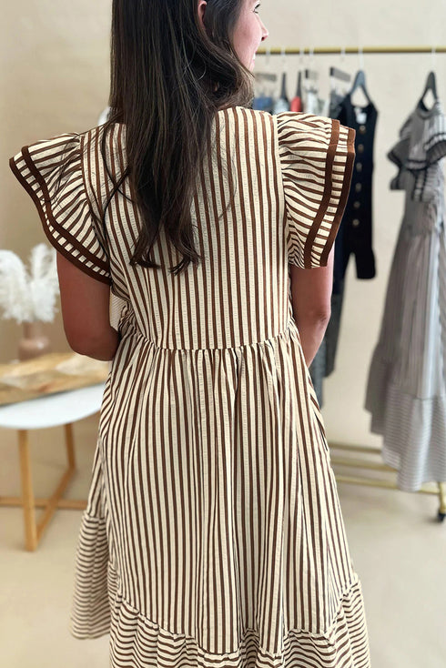 Stripe Double Ruffled Sleeve Contrast Trim A-Line Midi Dress