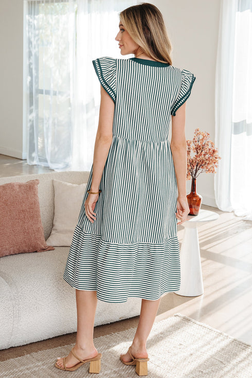 Stripe Double Ruffled Sleeve Contrast Trim A-Line Midi Dress