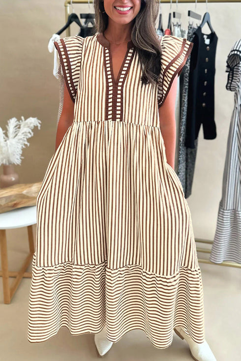 Stripe Double Ruffled Sleeve Contrast Trim A-Line Midi Dress