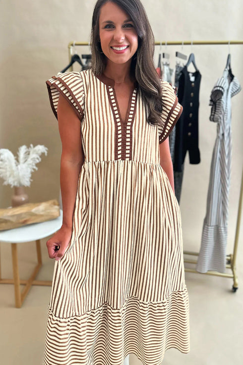 Stripe Double Ruffled Sleeve Contrast Trim A-Line Midi Dress