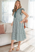 Stripe Double Ruffled Sleeve Contrast Trim A-Line Midi Dress