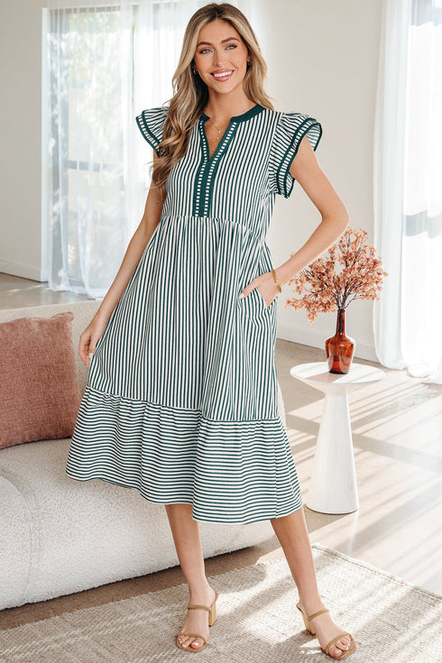Stripe Double Ruffled Sleeve Contrast Trim A-Line Midi Dress