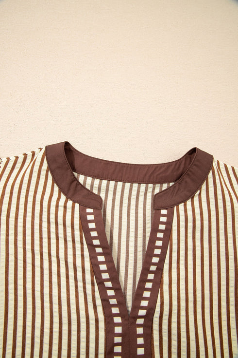 Stripe Double Ruffled Sleeve Contrast Trim A-Line Midi Dress