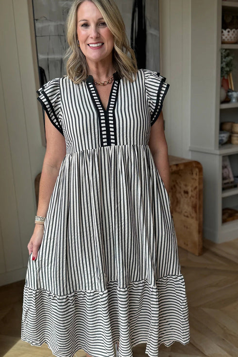 Stripe Double Ruffled Sleeve Contrast Trim A-Line Midi Dress