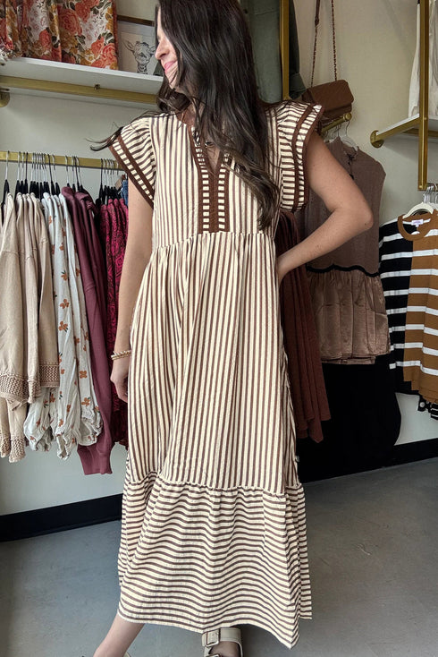 Stripe Double Ruffled Sleeve Contrast Trim A-Line Midi Dress
